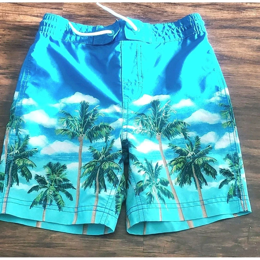 Old Navy Swim Trunks Boys S 6 7  Blue Palm Tree Tropical Pocket Drawstring Beach